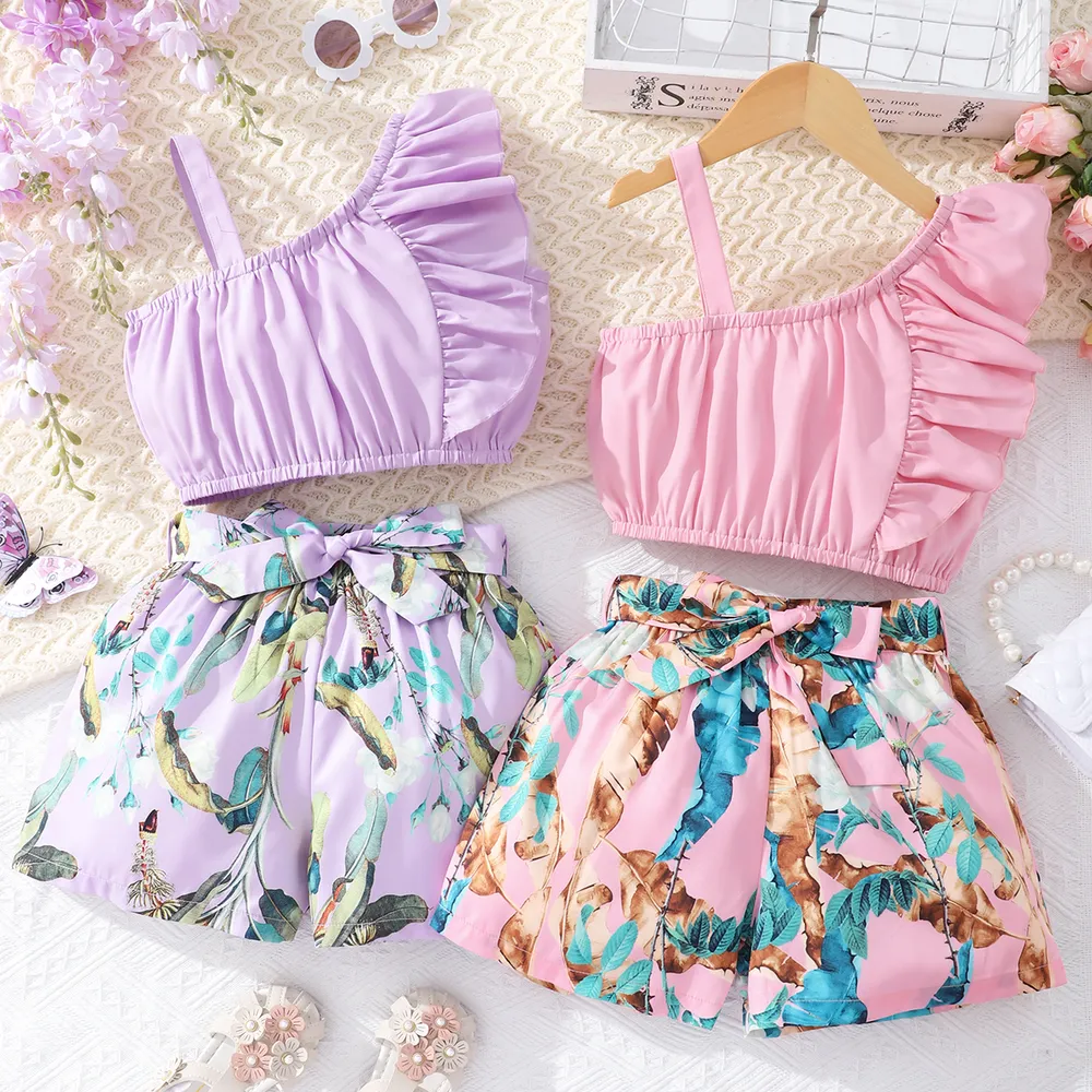 2pcs Kid Girl Ruffle Trim One-Shoulder Camisole and Floral Print Belted Shorts Set big image 5