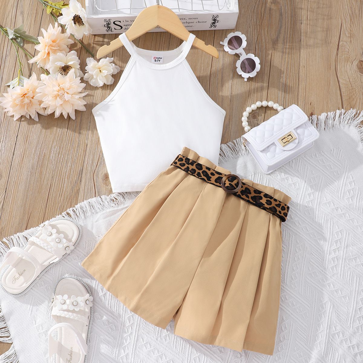 

2pcs Kid Girl White Halter Camisole and Leopard Belted Pleated Shorts Set