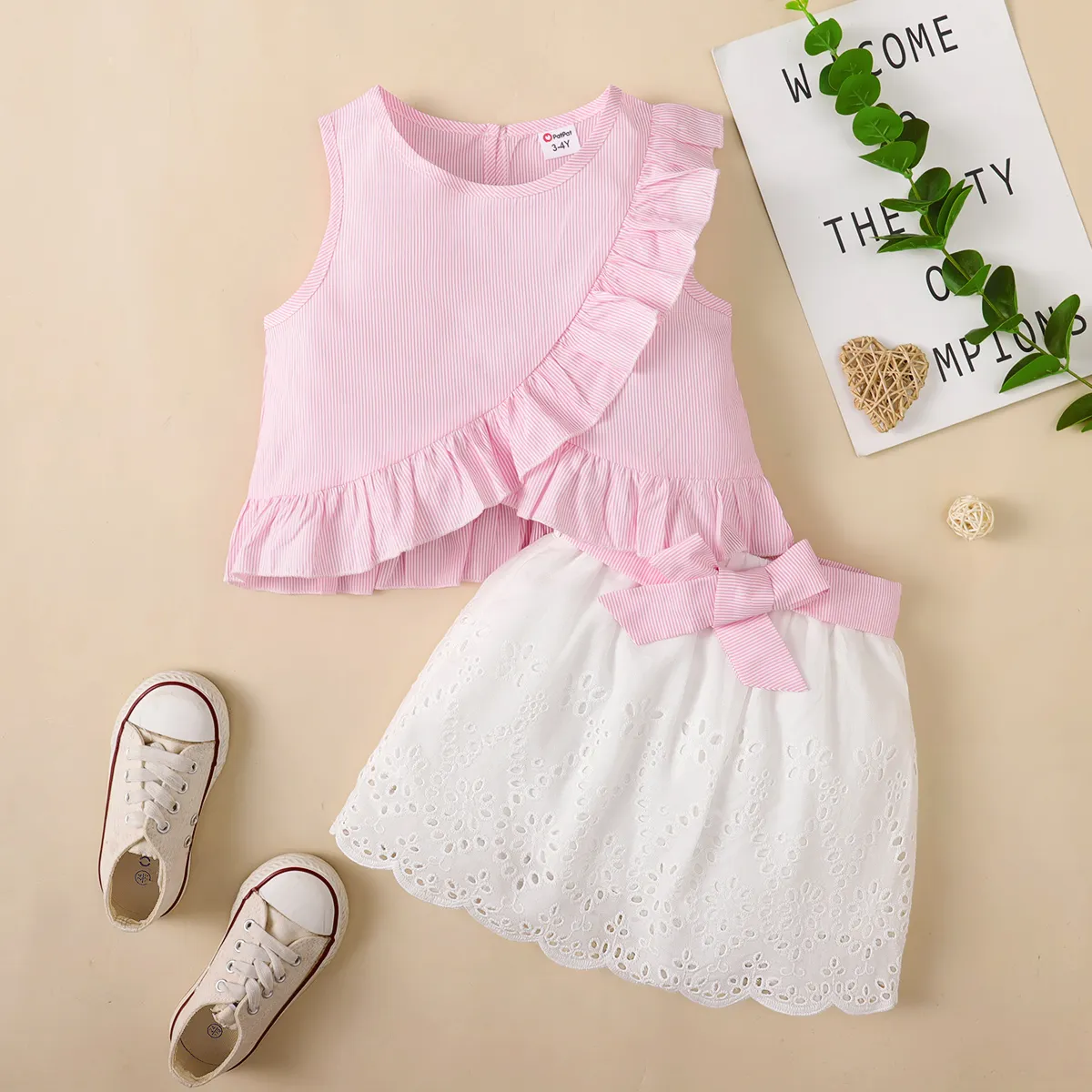 Trendy Toddler Girl Stripe Print Bowknot Ruffle Flounce Set Pink