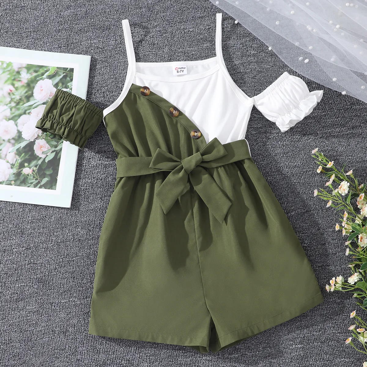Kid Girl Two Tone Belted Slip Romper  image 1
