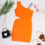 Kid Girl Cut Out Detail Letter Tape One-Shoulder Slip Dress Orange