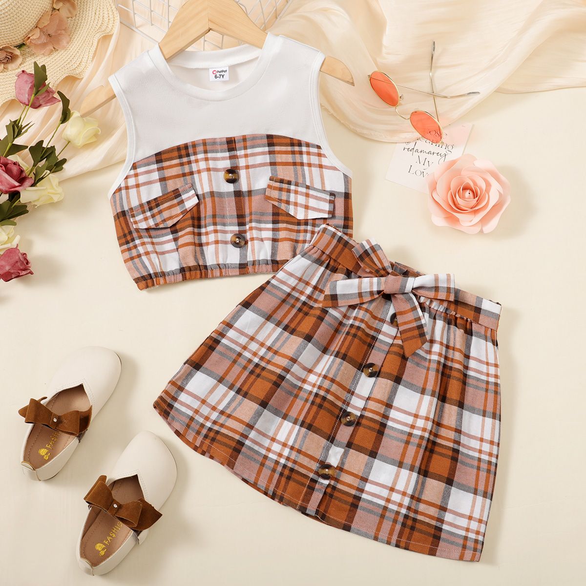 2pcs Kid Girl Plaid Tank Top And Button Up Belted Skirt Set