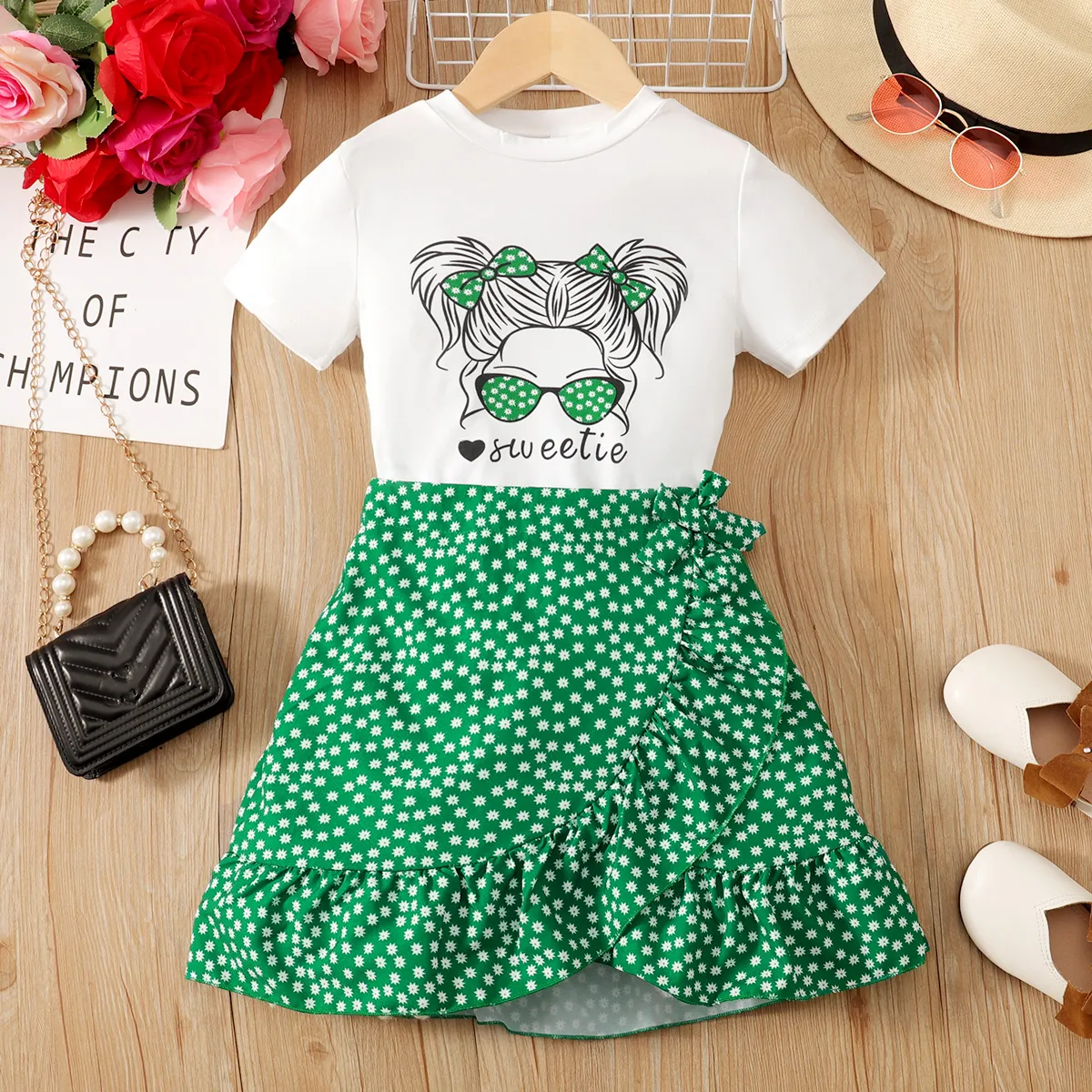 2pcs Kid Girl Figure Print Short-sleeve Top and Polka Dots Ruffled Tie Side Wrap Skirt Set Green big image 1