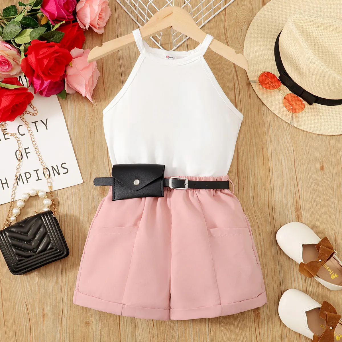 2pcs Kid Girl Solid Halter Top and Coin Purse Decor Belted Shorts Set  big image 1
