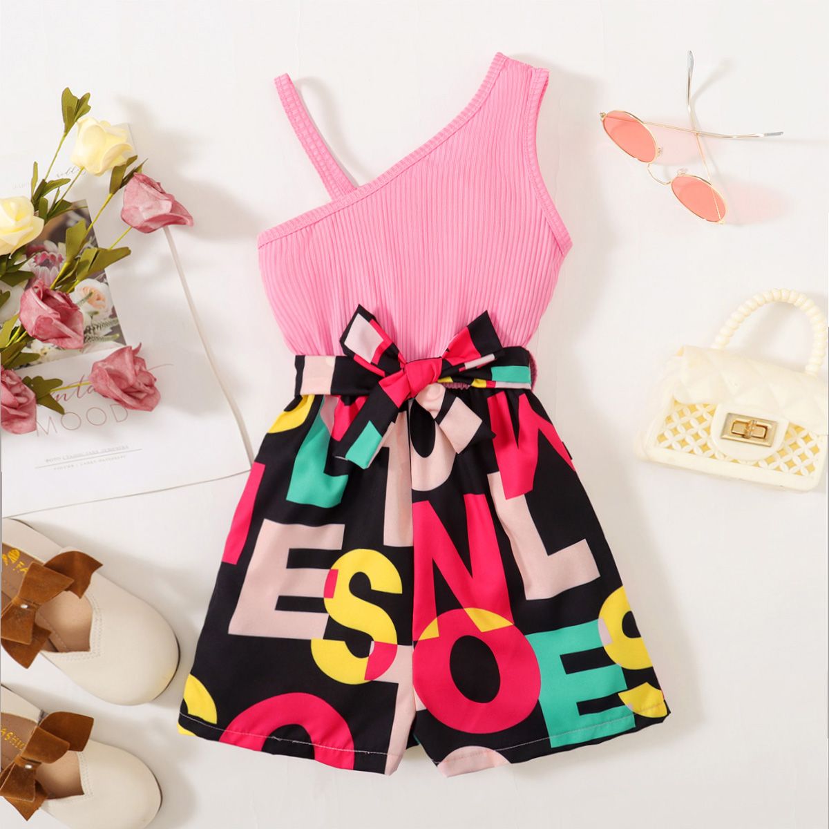 

Kid Girl Colorful Letter Print Belted One-Shoulder Rib-knit Combo Romper