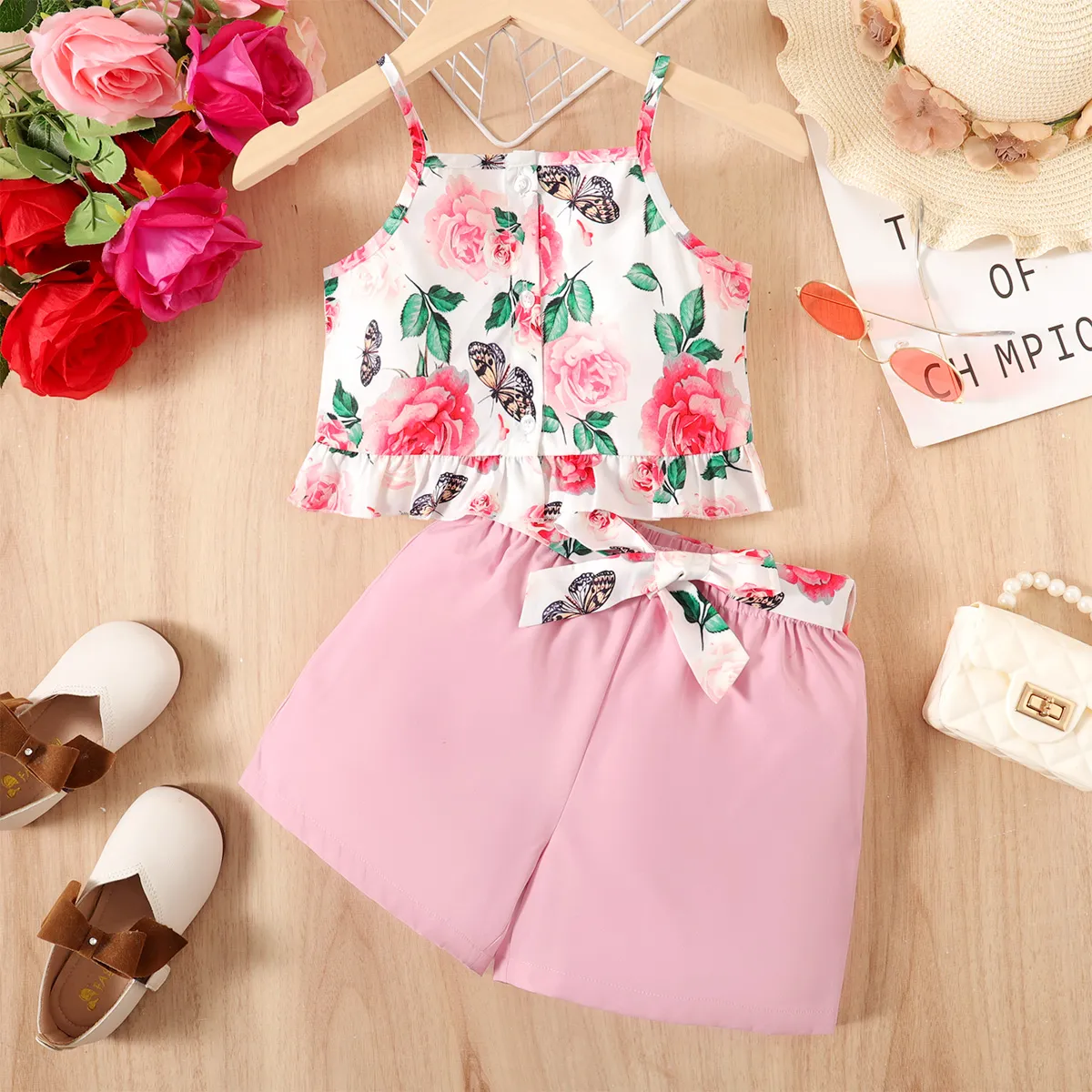 2pcs Kid Girl Floral & Butterfly Print Ruffle Hem Cami Top And Belted Shorts Set
