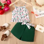 2pcs Kid Girl Floral & Butterfly Print Ruffle Hem Cami Top and Belted Shorts Set Dark Green
