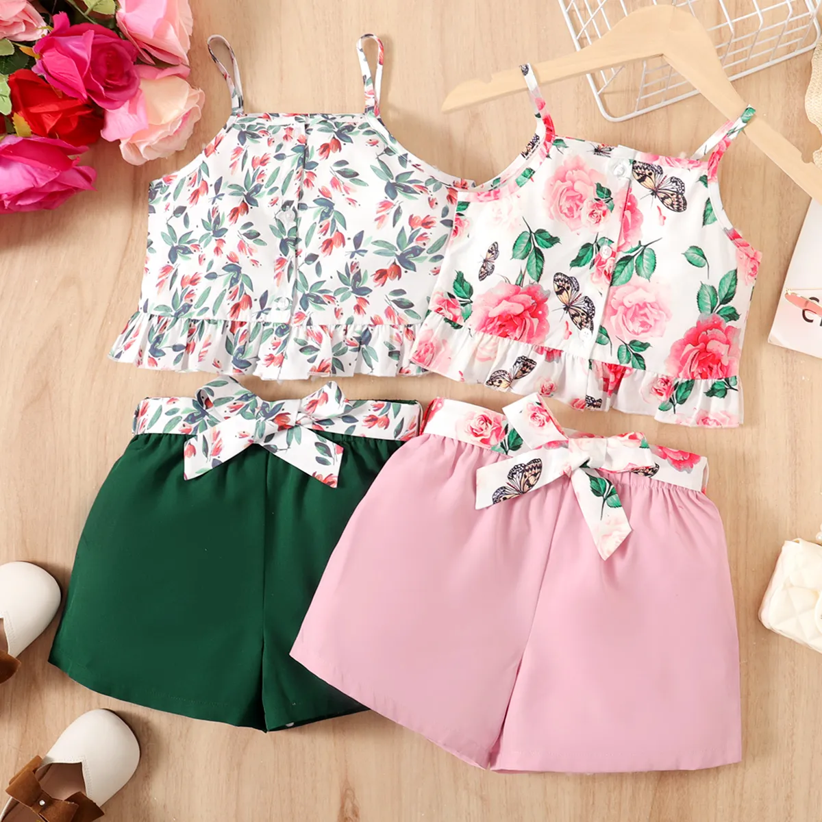 2pcs Kid Girl Floral & Butterfly Print Ruffle Hem Cami Top and Belted Shorts Set  image 6