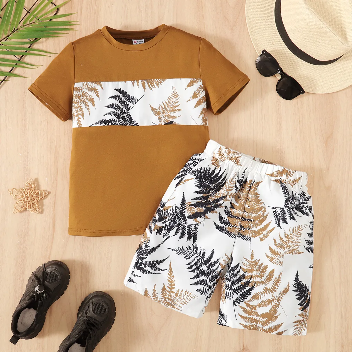 2pcs Kid Boy Tropical Plant Print Short-sleeve Tee and Shorts Set Brown big image 1