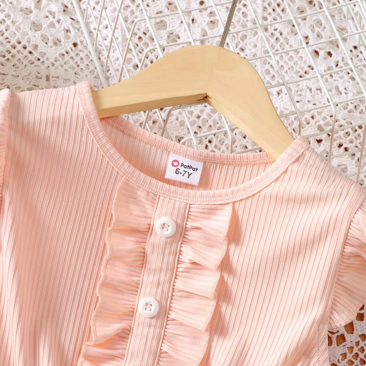 Kid Girl Front Buttons Ruffle Flower Rose Print Ribbed Dress Pink image 3