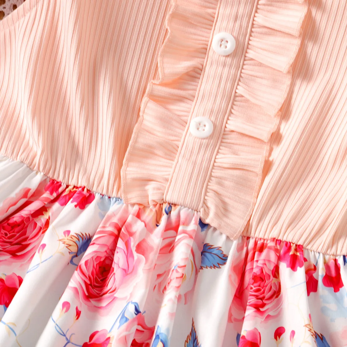 Kid Girl Front Buttons Ruffle Flower Rose Print Ribbed Dress Pink image 4