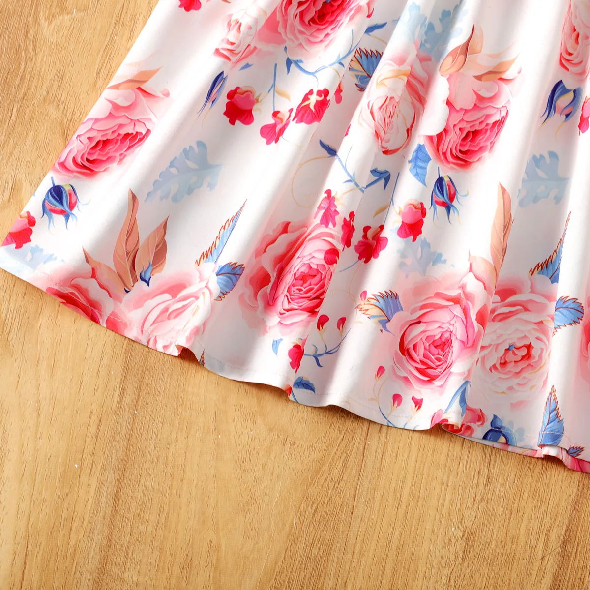 Kid Girl Front Buttons Ruffle Flower Rose Print Ribbed Dress Pink image 5