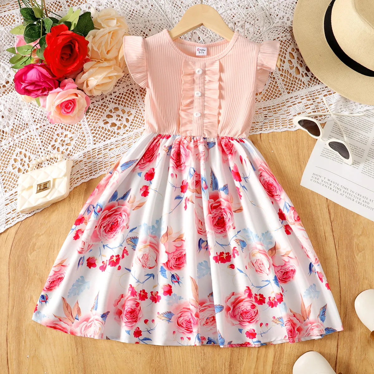 Kid Girl Front Buttons Ruffle Flower Rose Print Ribbed Dress Pink big image 1