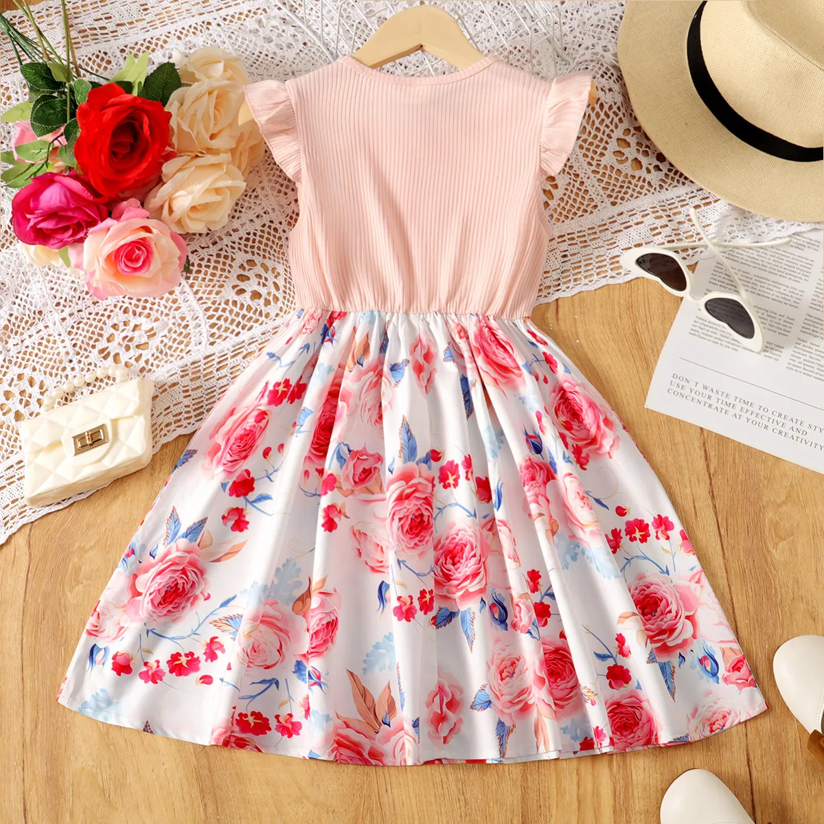 Kid Girl Front Buttons Ruffle Flower Rose Print Ribbed Dress Pink image 2