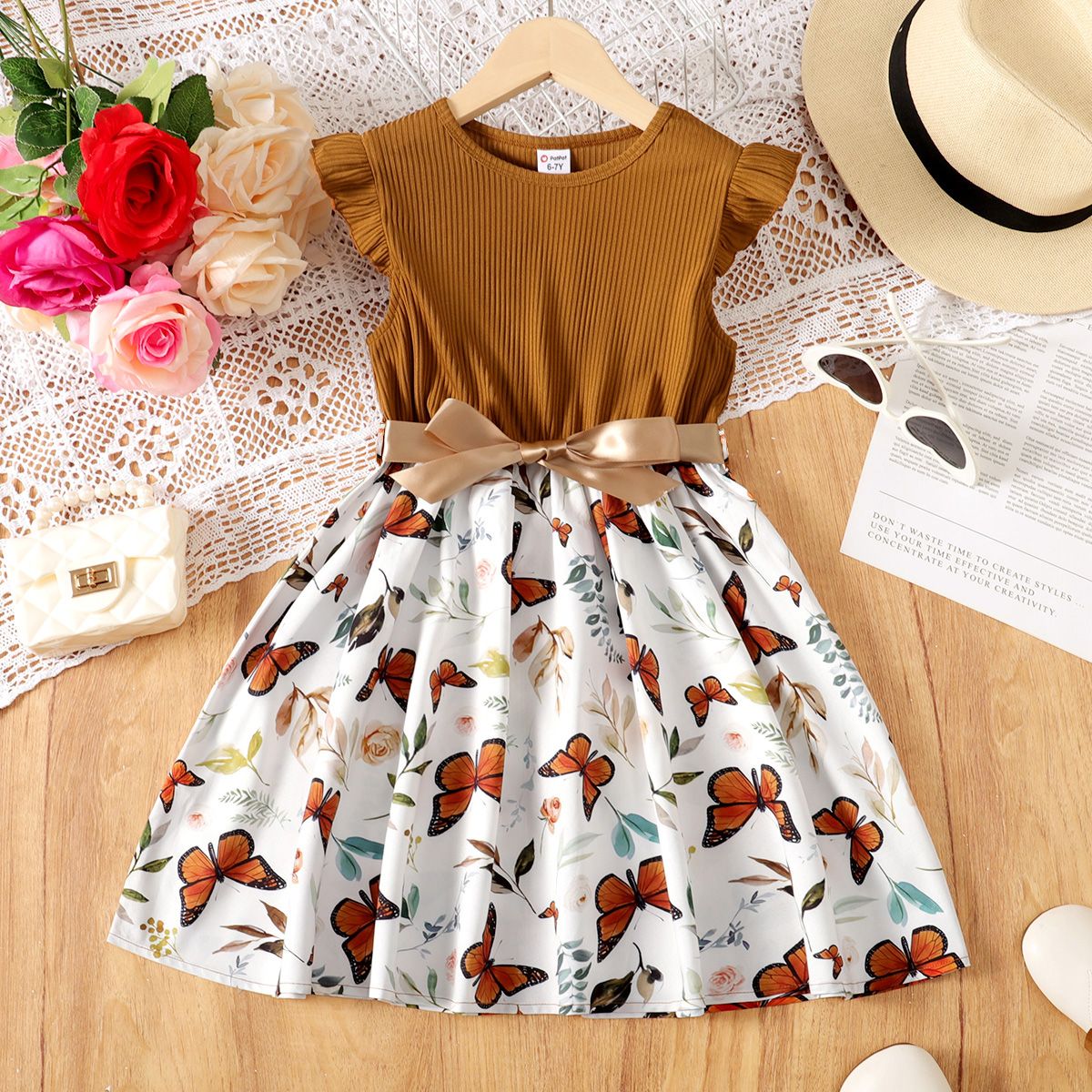 

Kid Girl Butterfly Print Ribbed Ruffle Sleeve Belted Dress