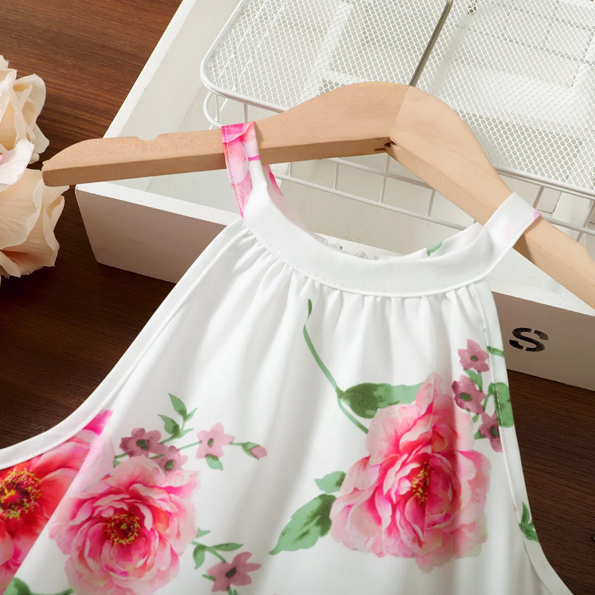 Kid Girl Allover Floral Print Belted Halter Romper Pink image 4