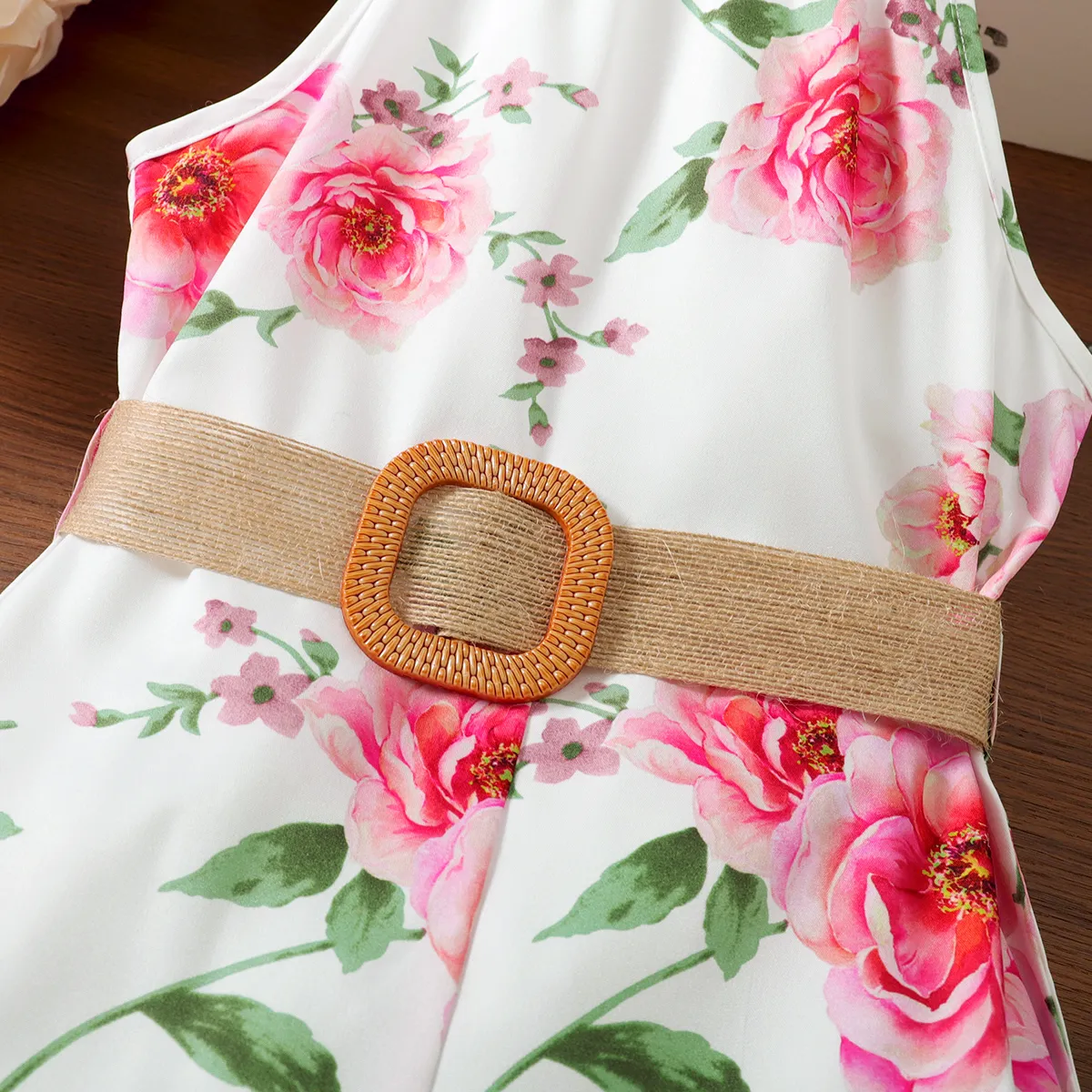 Kid Girl Allover Floral Print Belted Halter Romper Pink image 3