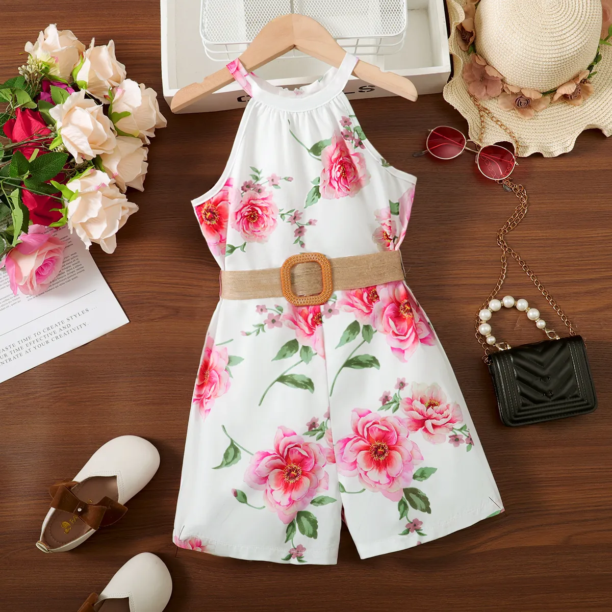 Kid Girl Allover Floral Print Belted Halter Romper