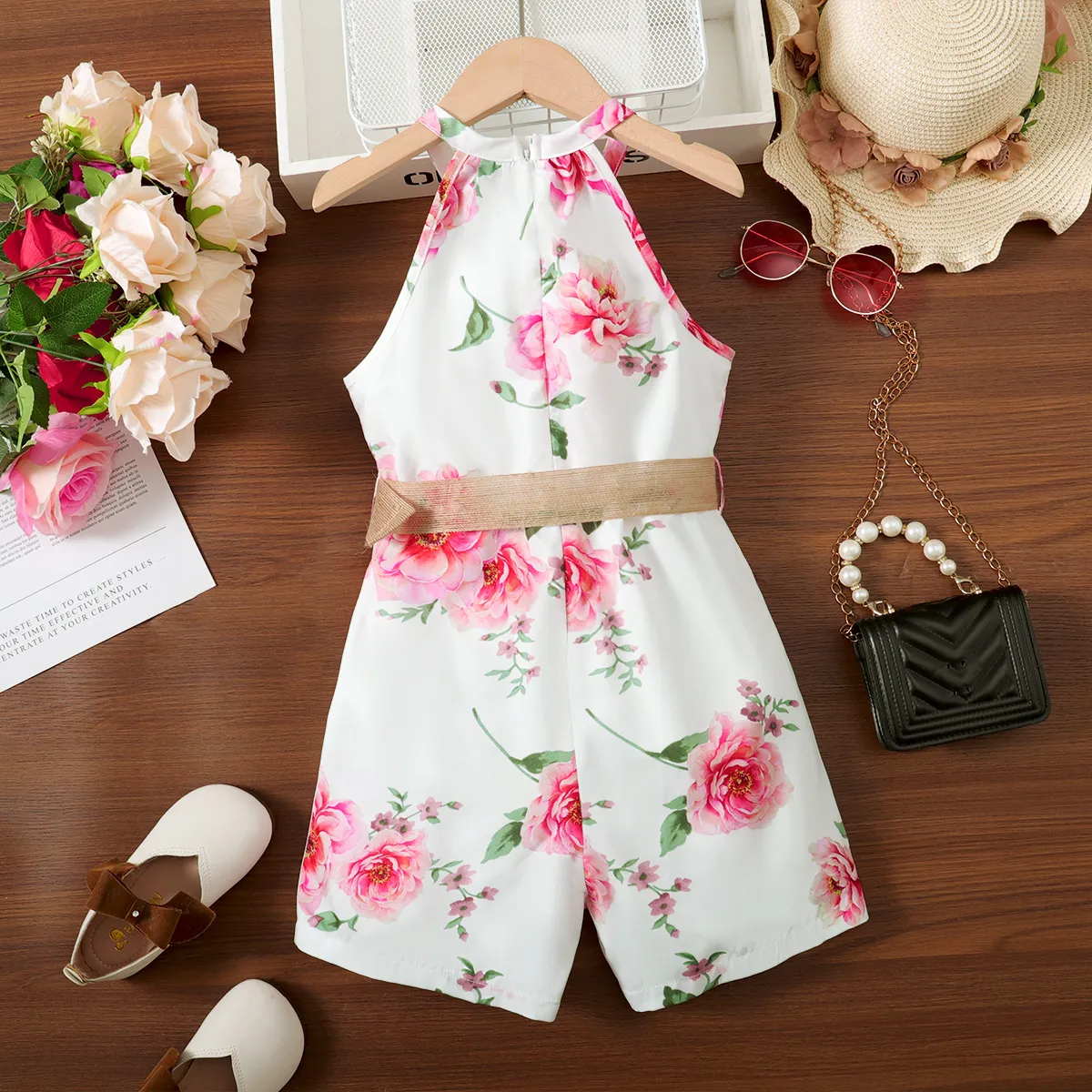 Kid Girl Allover Floral Print Belted Halter Romper Pink image 2
