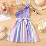 Kid Girl Colorful Striped Belted Ribbed Ruffle Slip Dress Purple