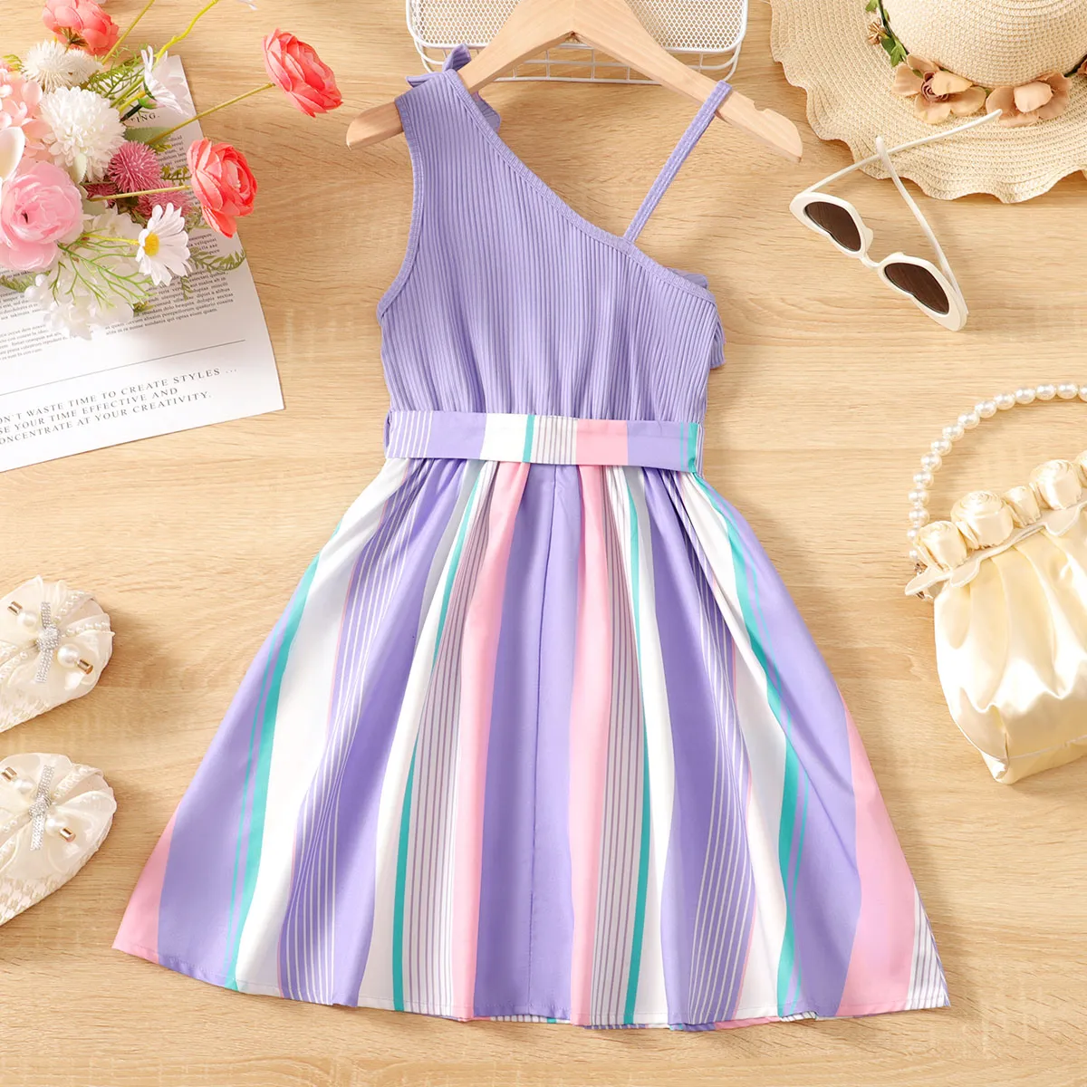 Kid Girl Colorful Striped Belted Ribbed Ruffle Slip Dress Purple big image 1