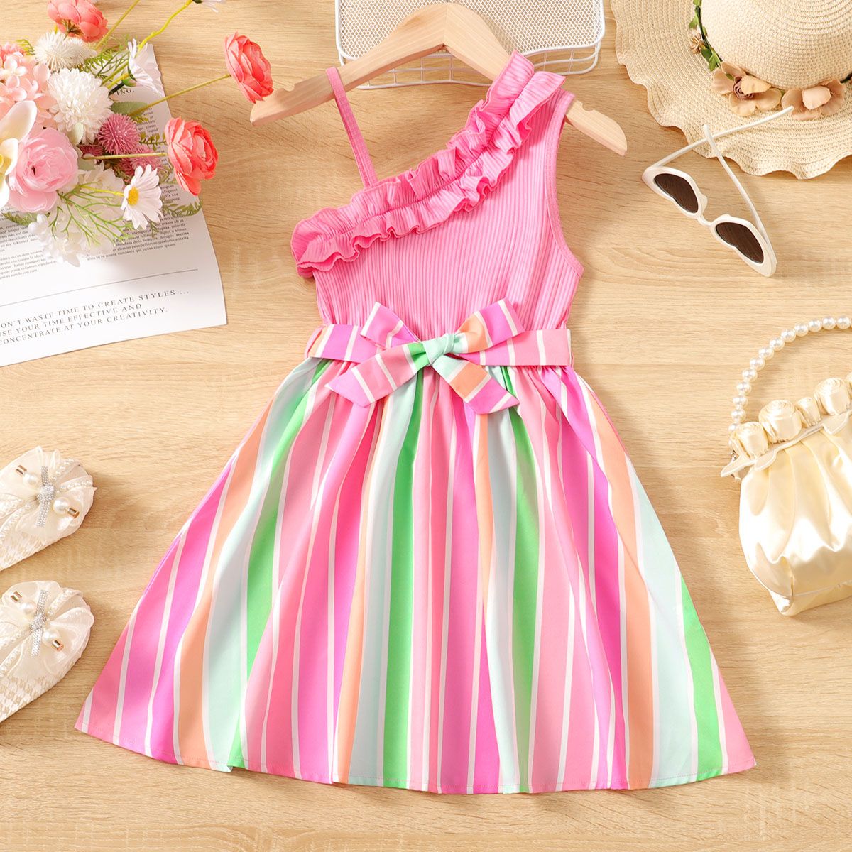 Kid Girl Colorful Striped Belted Ribbed Ruffle Slip Dress