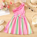 Kid Girl Colorful Striped Belted Ribbed Ruffle Slip Dress Roseo