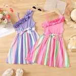 Kid Girl Colorful Striped Belted Ribbed Ruffle Slip Dress  image 2