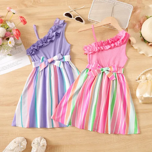Kid Girl Colorful Striped Belted Ribbed Ruffle Slip Dress