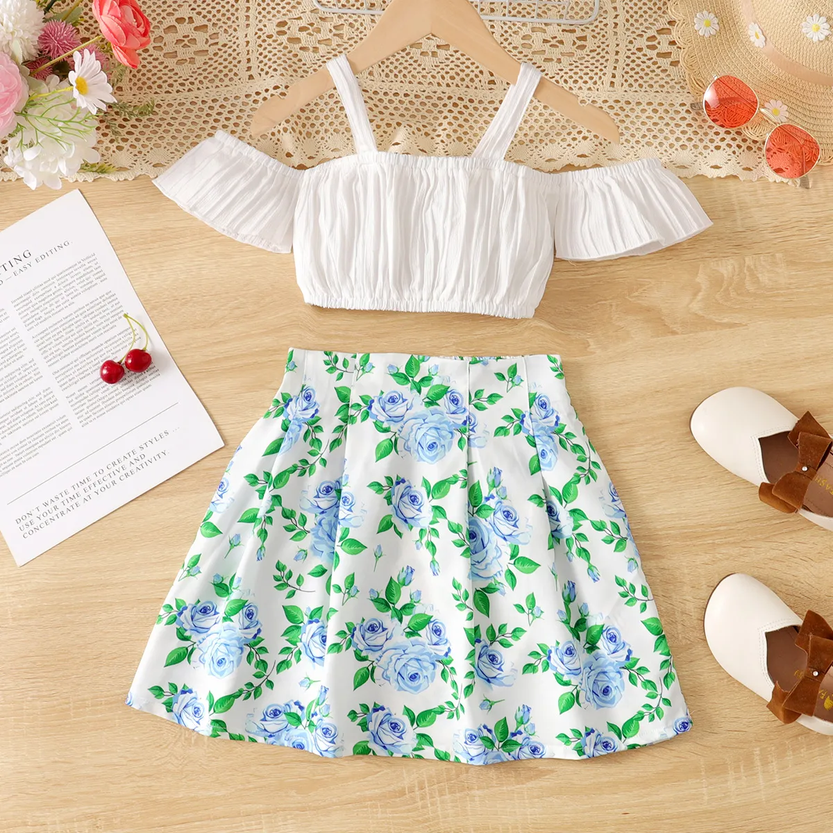 2pcs Kid Girl Ruffle Slip Short-sleeve Top and Allover Floral Print Skirt Set Sky blue big image 1