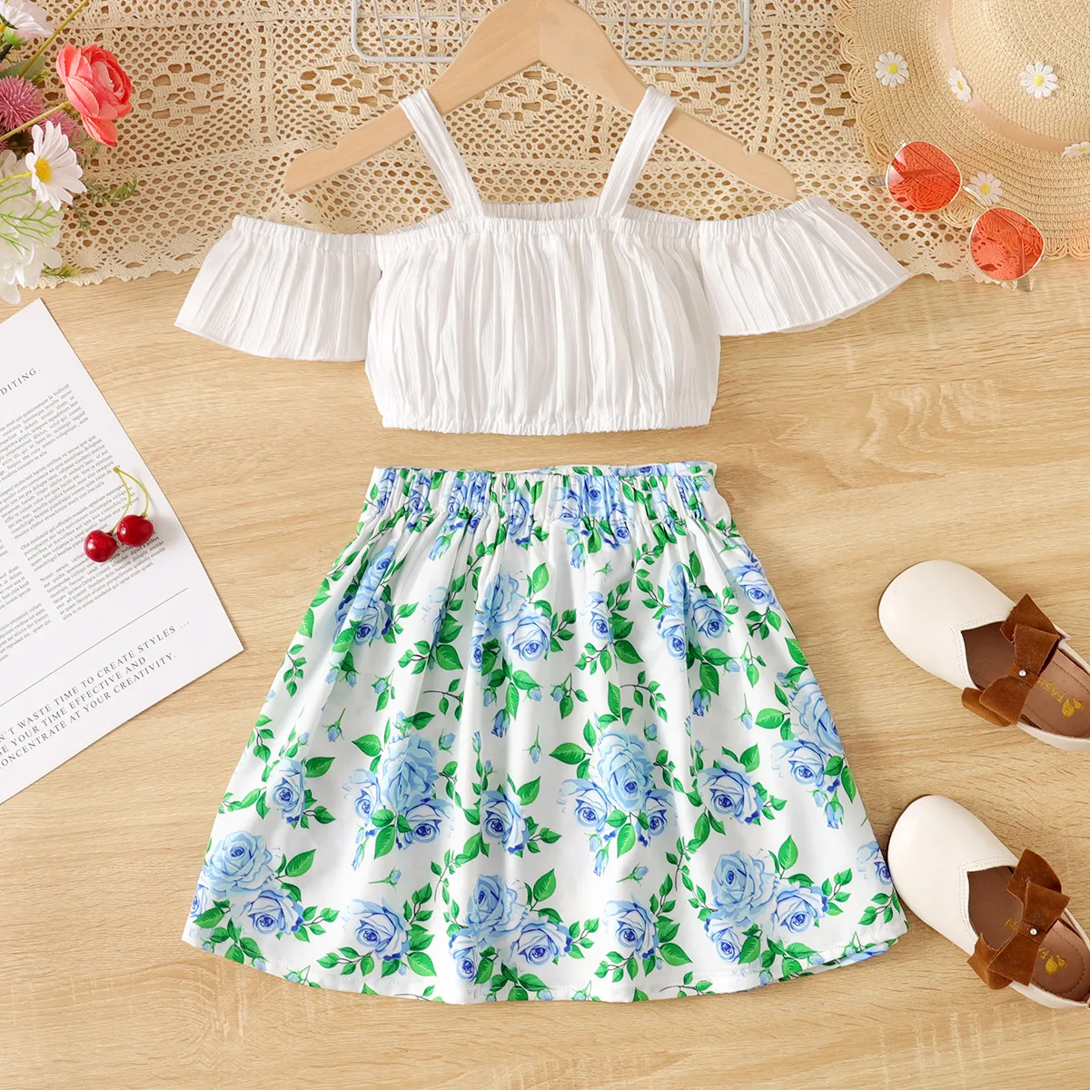 2pcs Kid Girl Ruffle Slip Short-sleeve Top and Allover Floral Print Skirt Set Sky blue image 4