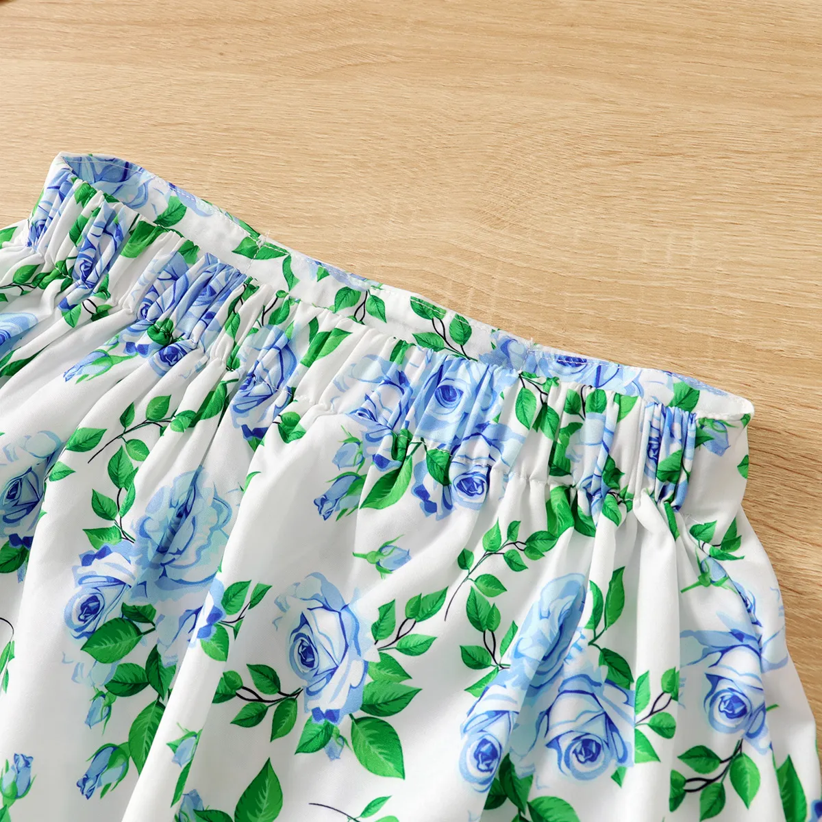2pcs Kid Girl Ruffle Slip Short-sleeve Top and Allover Floral Print Skirt Set Sky blue image 5