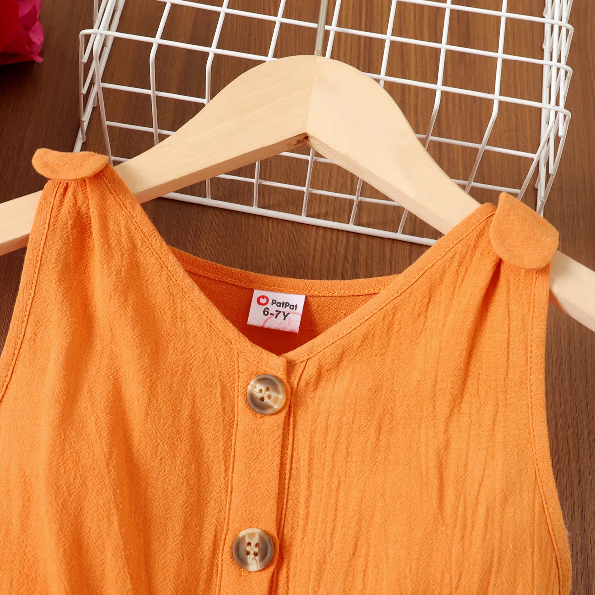 Kid Girl Floral Print/Solid Button Half Placket Knot Shoulder Tank Romper Orange image 3