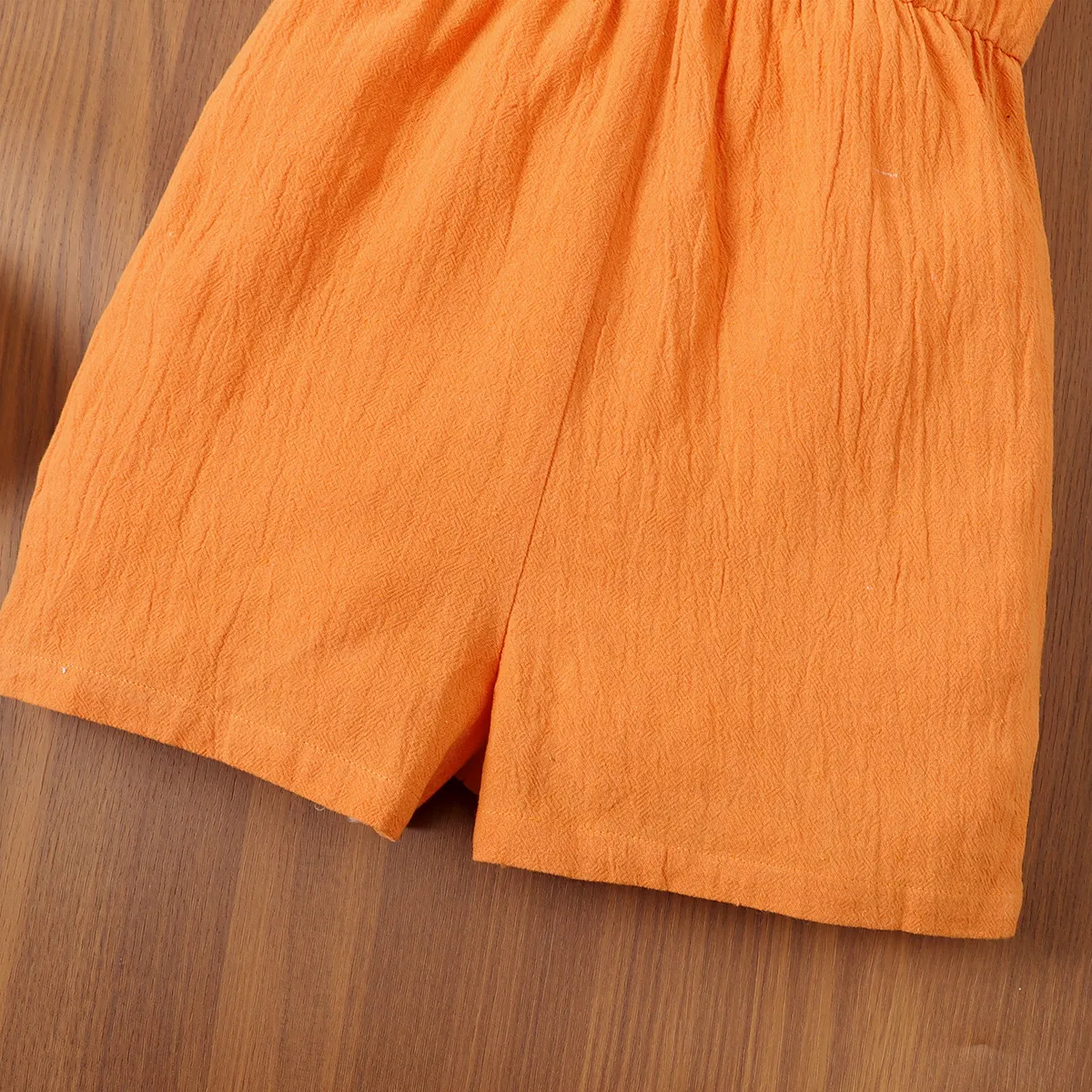 Kid Girl Floral Print/Solid Button Half Placket Knot Shoulder Tank Romper Orange image 5