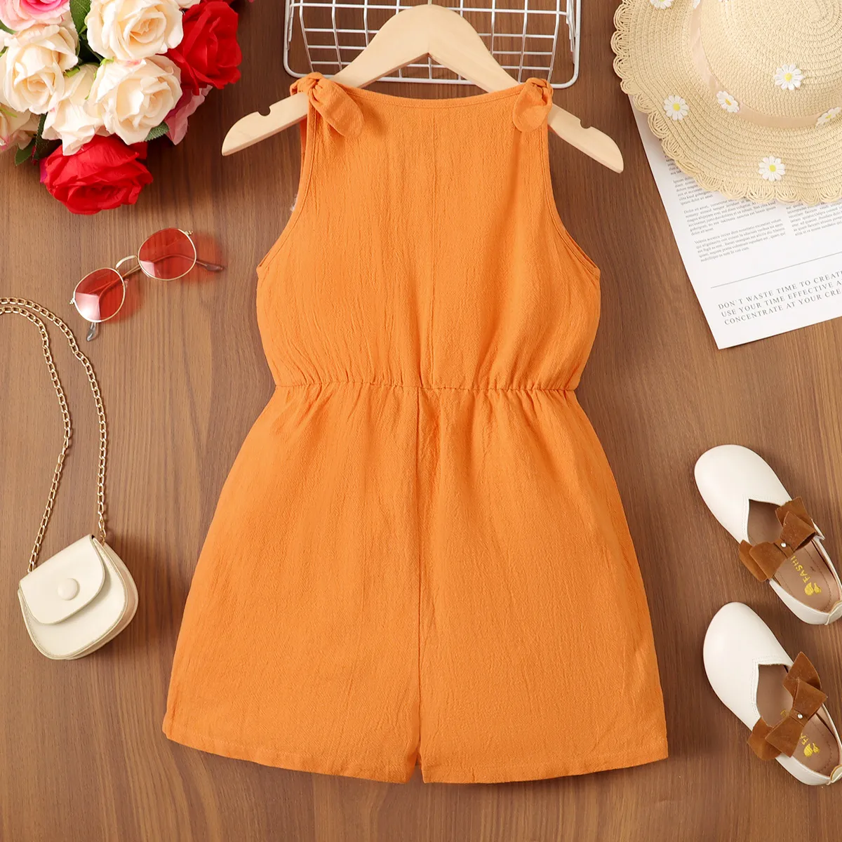 Kid Girl Floral Print/Solid Button Half Placket Knot Shoulder Tank Romper Orange image 4