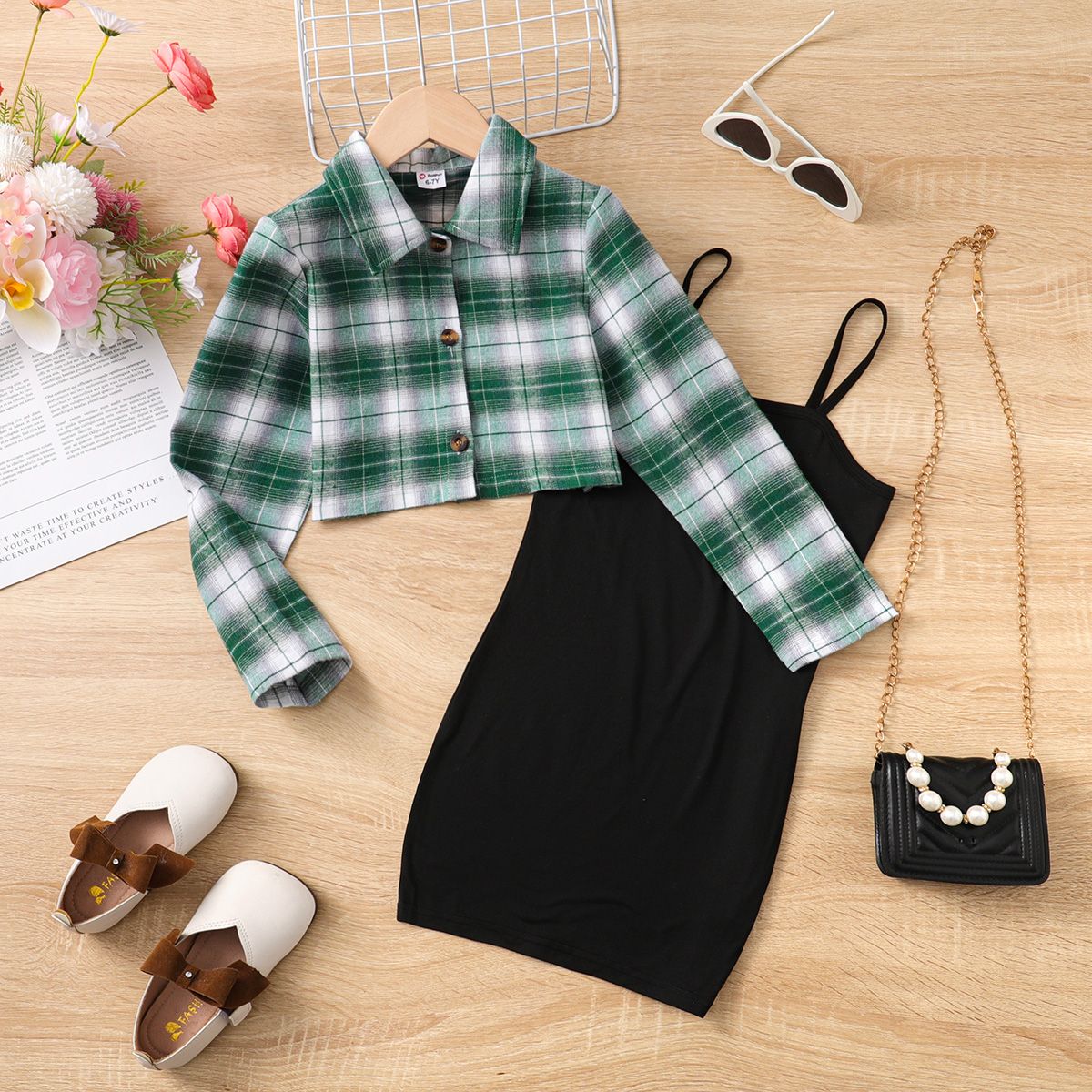 2pcs Kid Girl Buttons Front Plaid Lapel Collar Long-sleeve Shirt And Solid Slip Dress Set