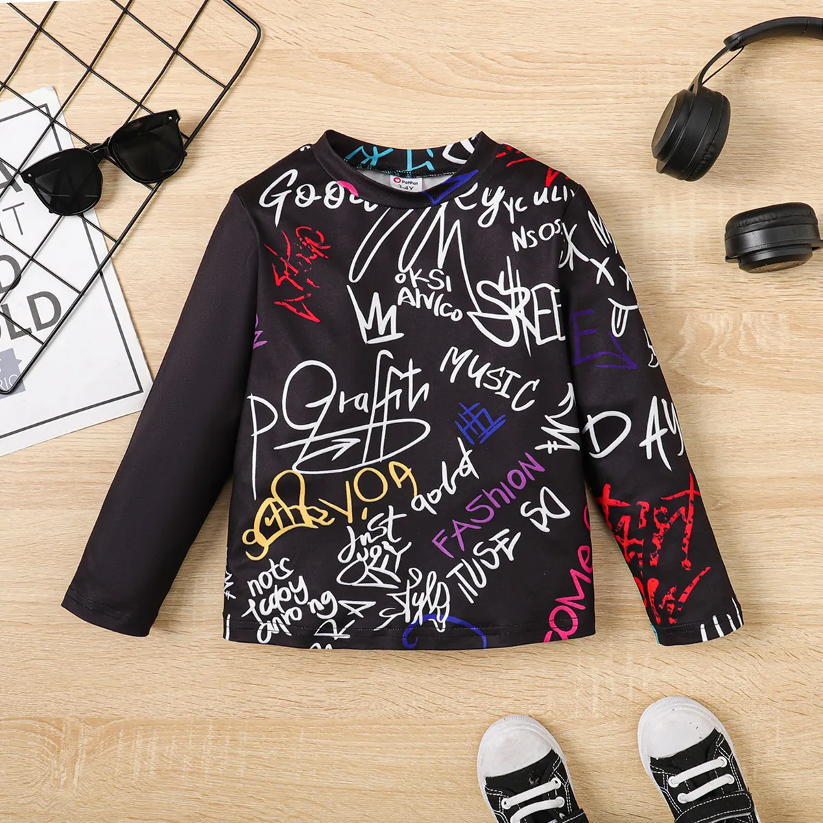 Toddler Boy Allover Letters Print Long-sleeve Tee Black big image 1