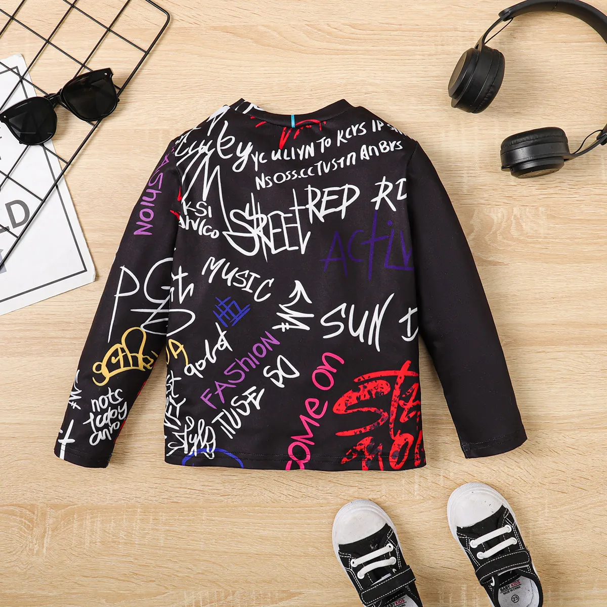 Toddler Boy Allover Letters Print Long-sleeve Tee Black image 2