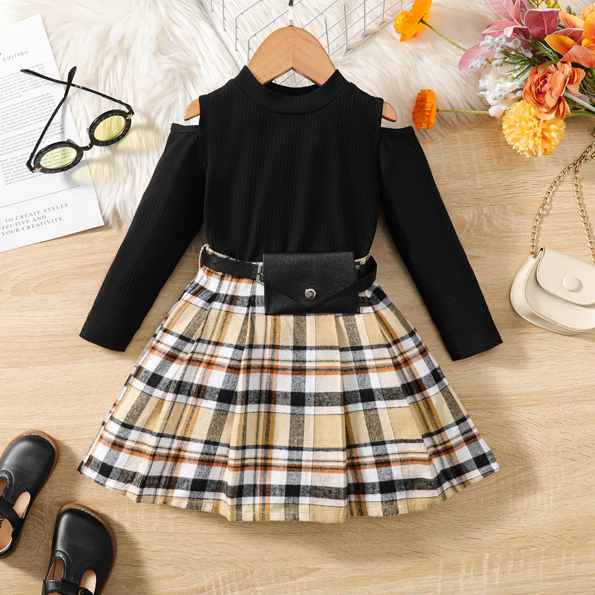

3pcs Toddler Girl Solid Long-sleeve Top and Plaid Skirt & Belt Bag Set