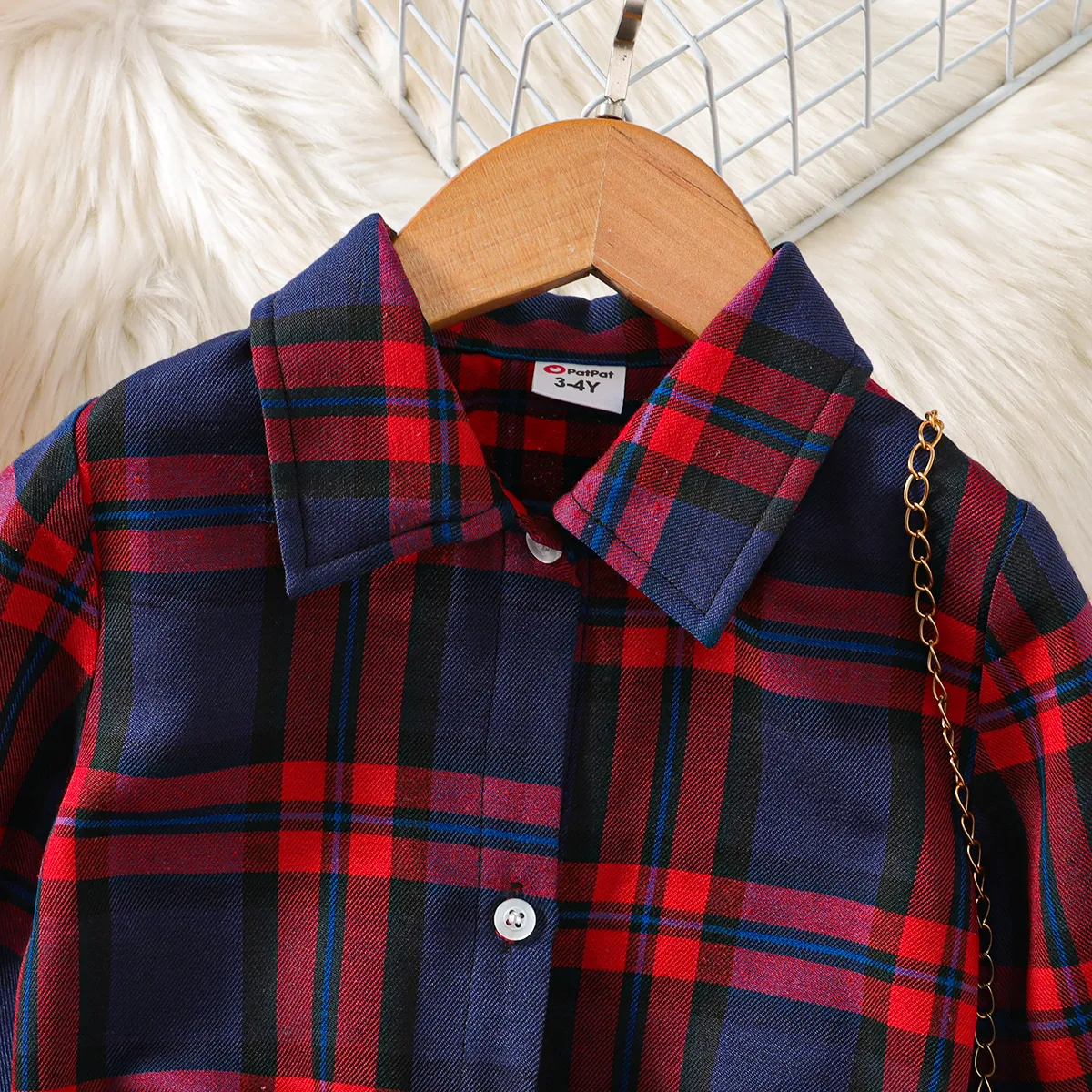 2pcs Toddler Girl Plaid Knot Hem Long-sleeve Shirt and Solid Skirt Set Red image 4