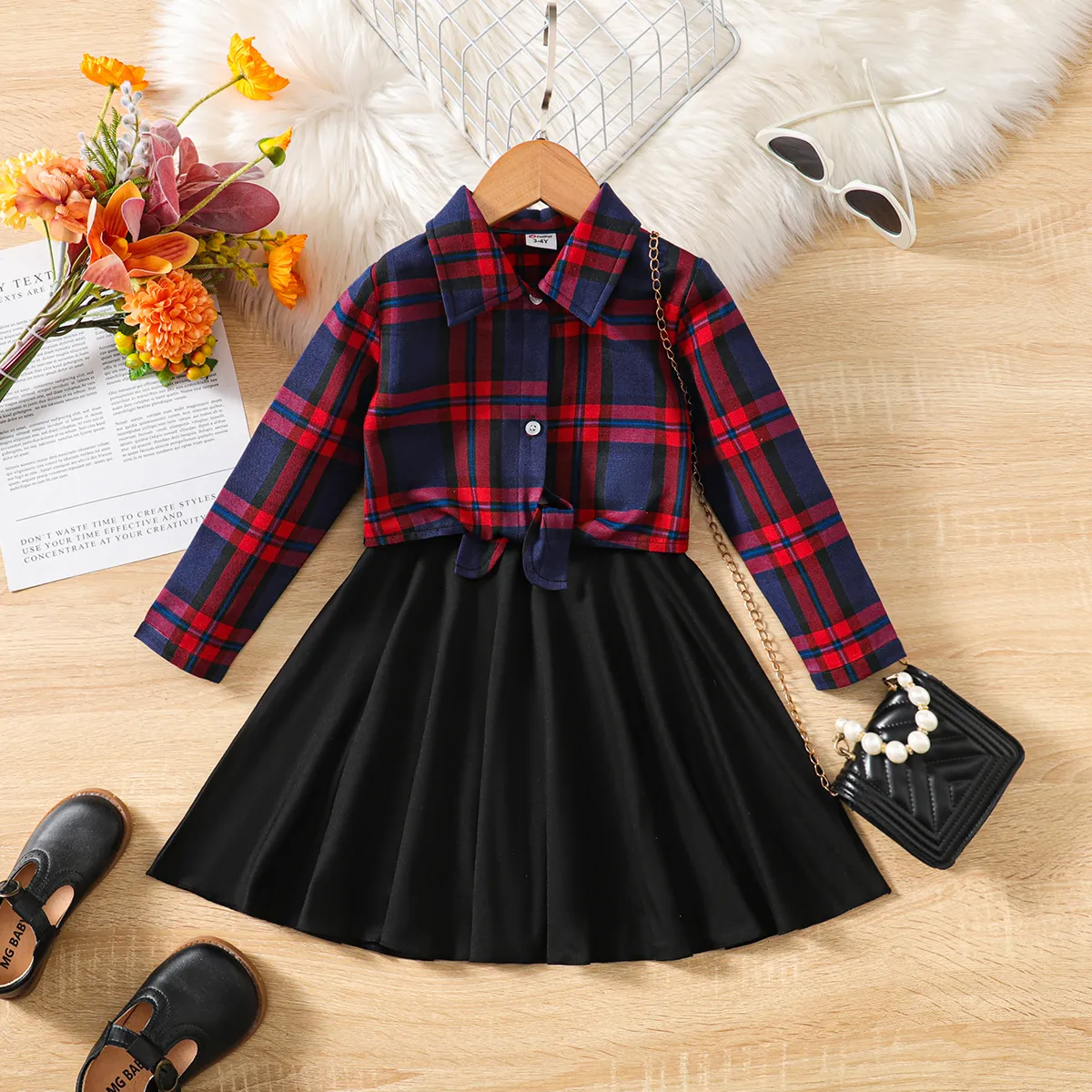 2pcs Toddler Girl Plaid Knot Hem Long-sleeve Shirt and Solid Skirt Set Red image 2