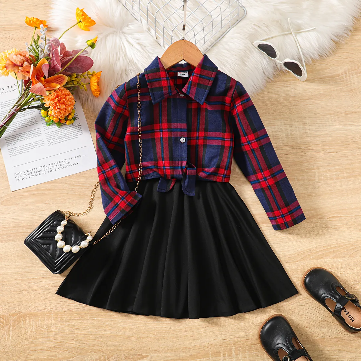 2pcs Toddler Girl Plaid Knot Hem Long-sleeve Shirt and Solid Skirt Set Red big image 1