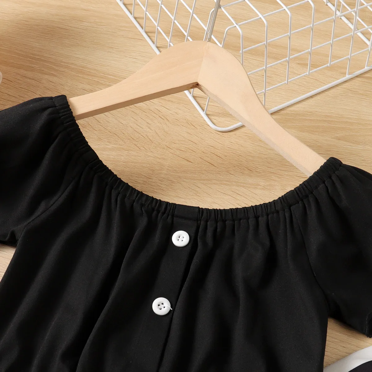 2pcs Kid Girl Front Buttons Short-sleeve Top and Stripe Belted Pants Set Black image 2
