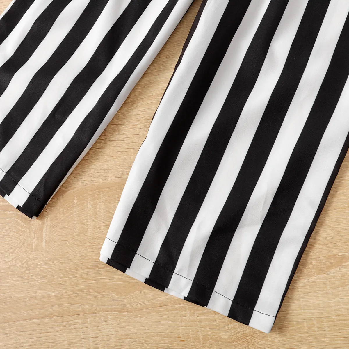 2pcs Kid Girl Front Buttons Short-sleeve Top and Stripe Belted Pants Set Black image 4