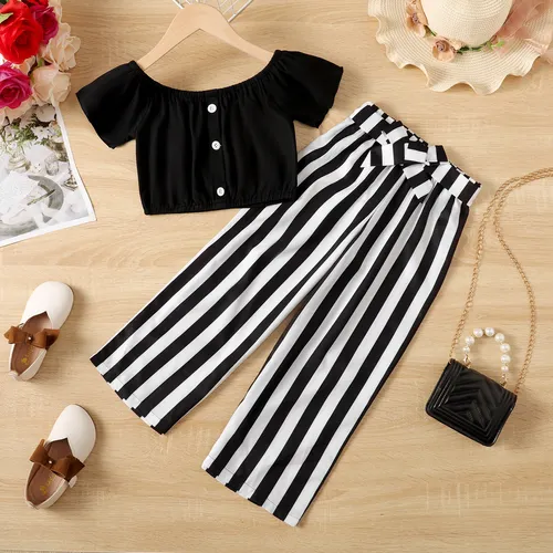 2pcs Kid Girl Front Buttons Short-sleeve Top and Stripe Belted Pants Set