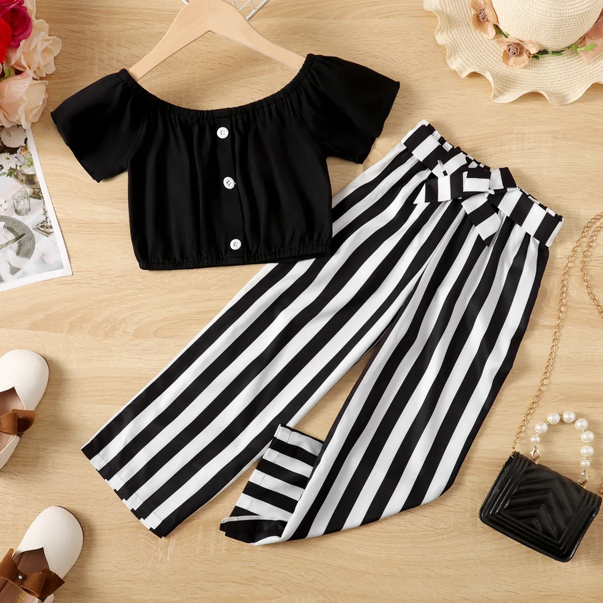2pcs Kid Girl Front Buttons Short-sleeve Top and Stripe Belted Pants Set Black image 5