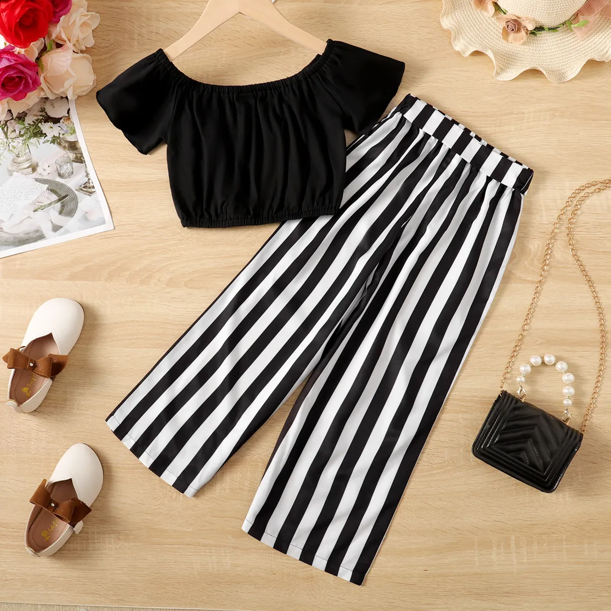 2pcs Kid Girl Front Buttons Short-sleeve Top and Stripe Belted Pants Set Black image 6
