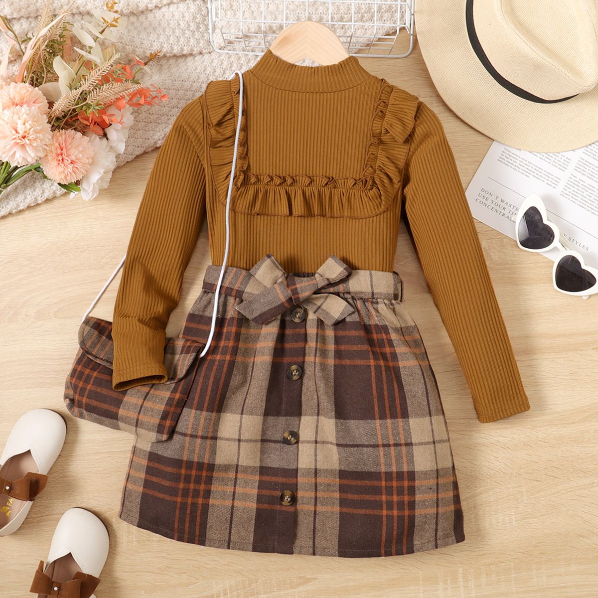 

2pcs Kid Girl Ribbed Ruffle Solid Long-sleeve Top and Belted Plaid Skirt Set
