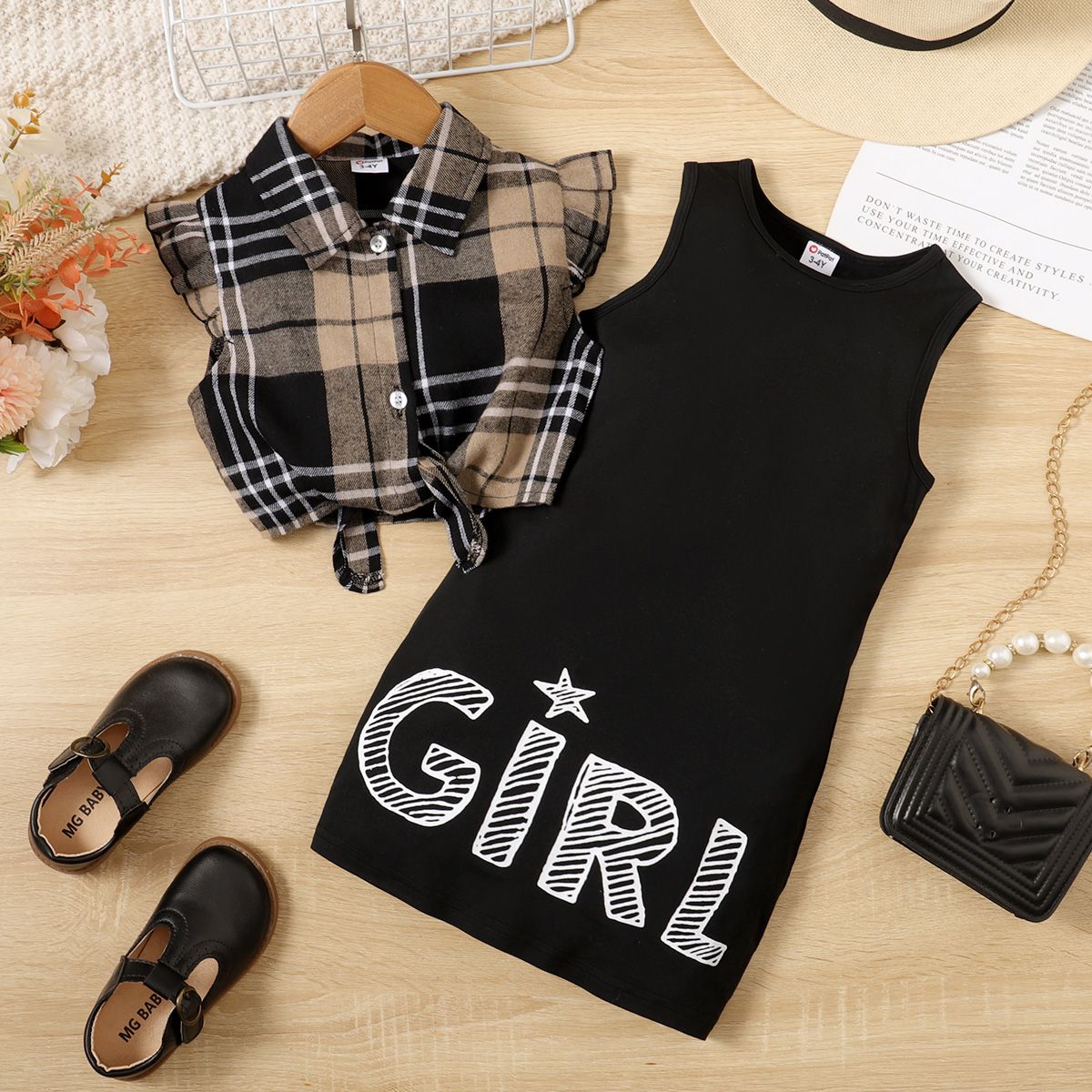 

2pcs Toddler Girl Button Up Knot Hem Plaid Top and Letter Print Tank Dress Set