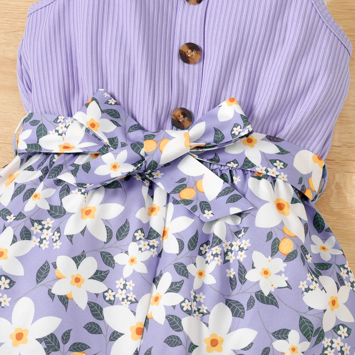 Kid Girl Floral Print Botões Frontais Belted Nervurado Slip Romper Roxa image 3